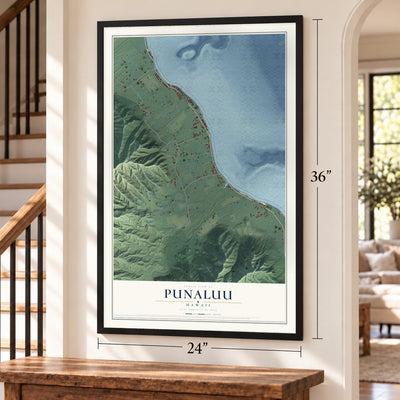 Punaluu, Hawaii map, 24 x 36 inch print in a black frame by a staircase