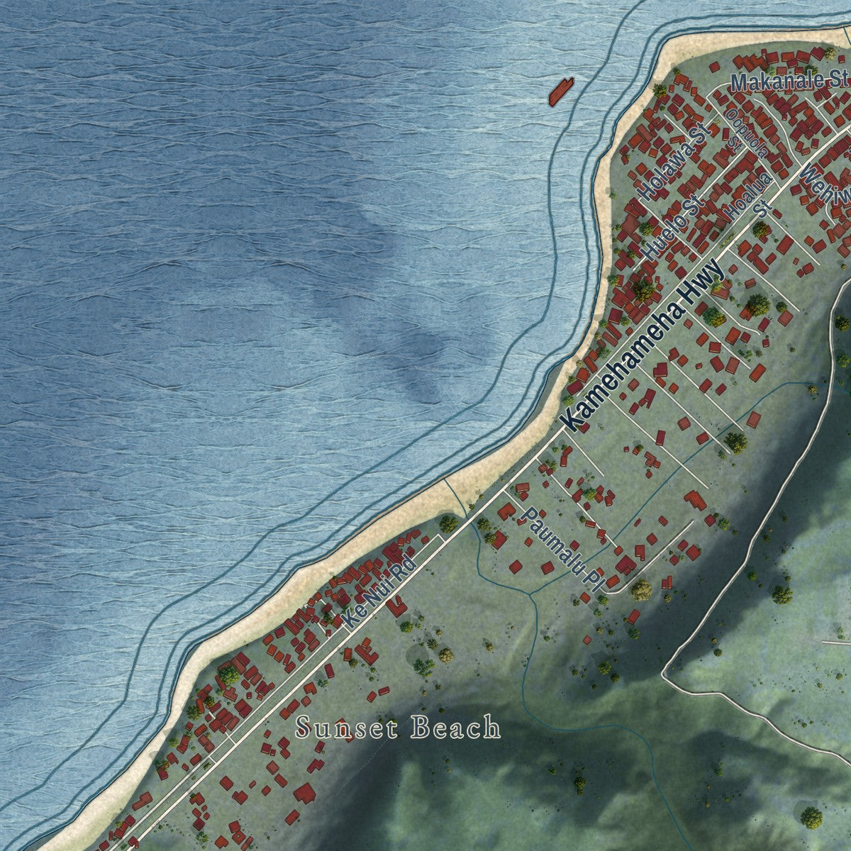 Second close-up of the map of Pupukea, Hawaii print showing more streets and buildings