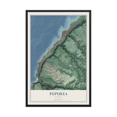 Map of Pupukea, Hawaii, 12 x 18 inch print in a black wood frame