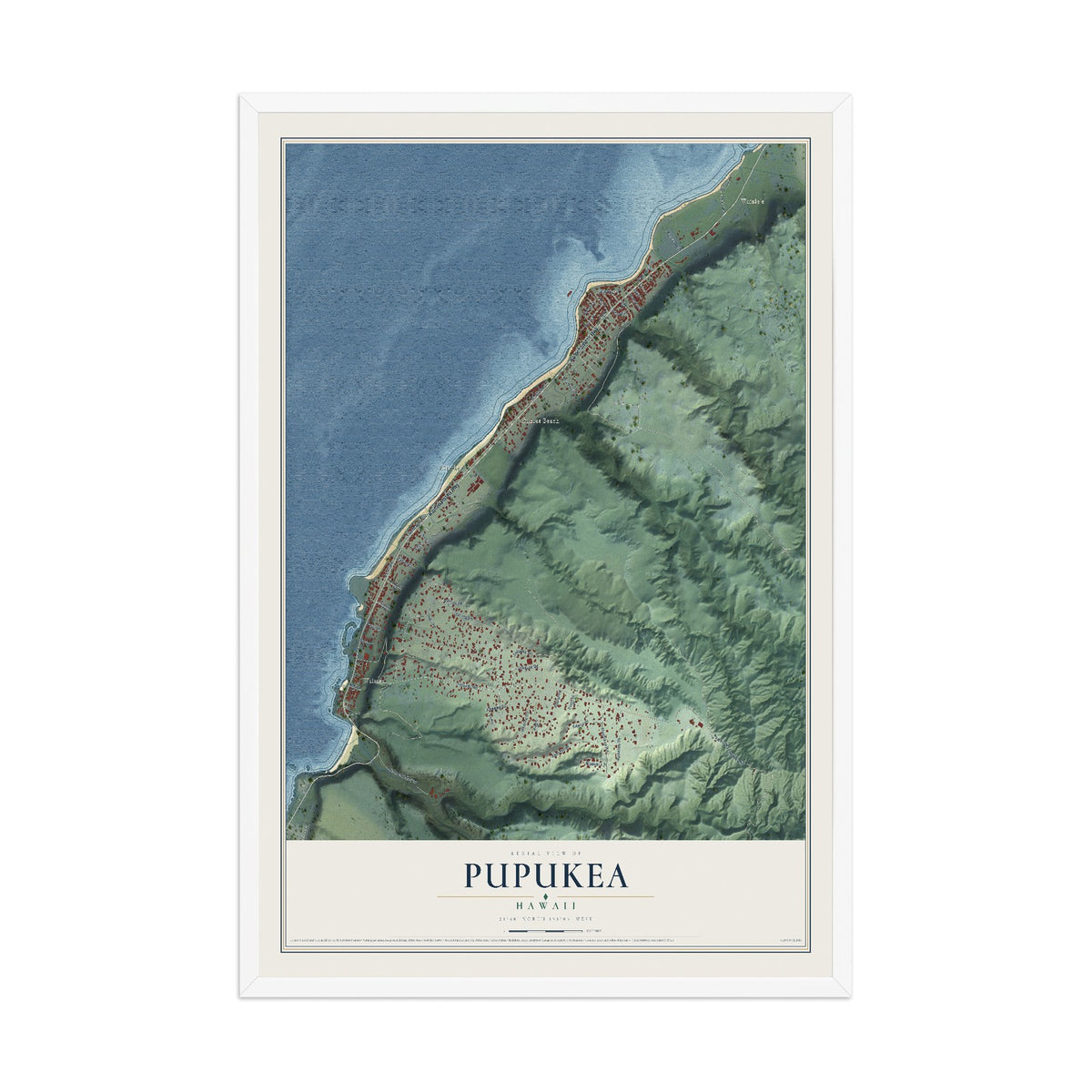 Map of Pupukea, Hawaii, 12 x 18 inch print in a white wood frame