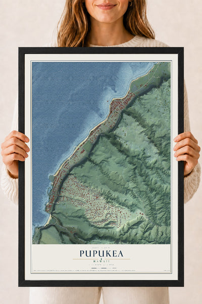 Map of Pupukea, Hawaii, 18 x 24 inch print in a black wood frame