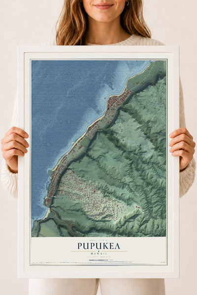 Map of Pupukea, Hawaii, 18 x 24 inch print in a white wood frame