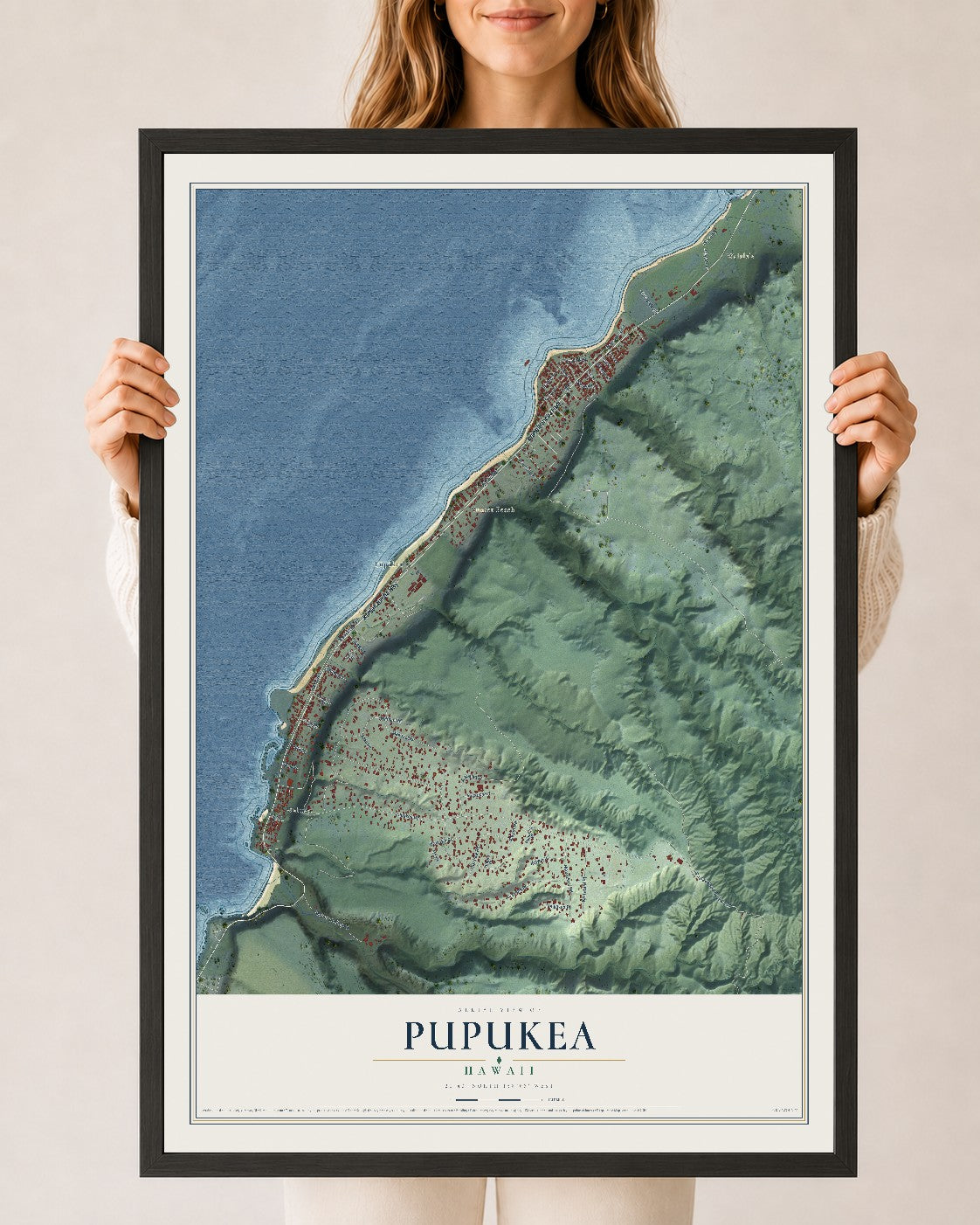 Map of Pupukea, Hawaii, 24 x 36 inch print in a black wood frame