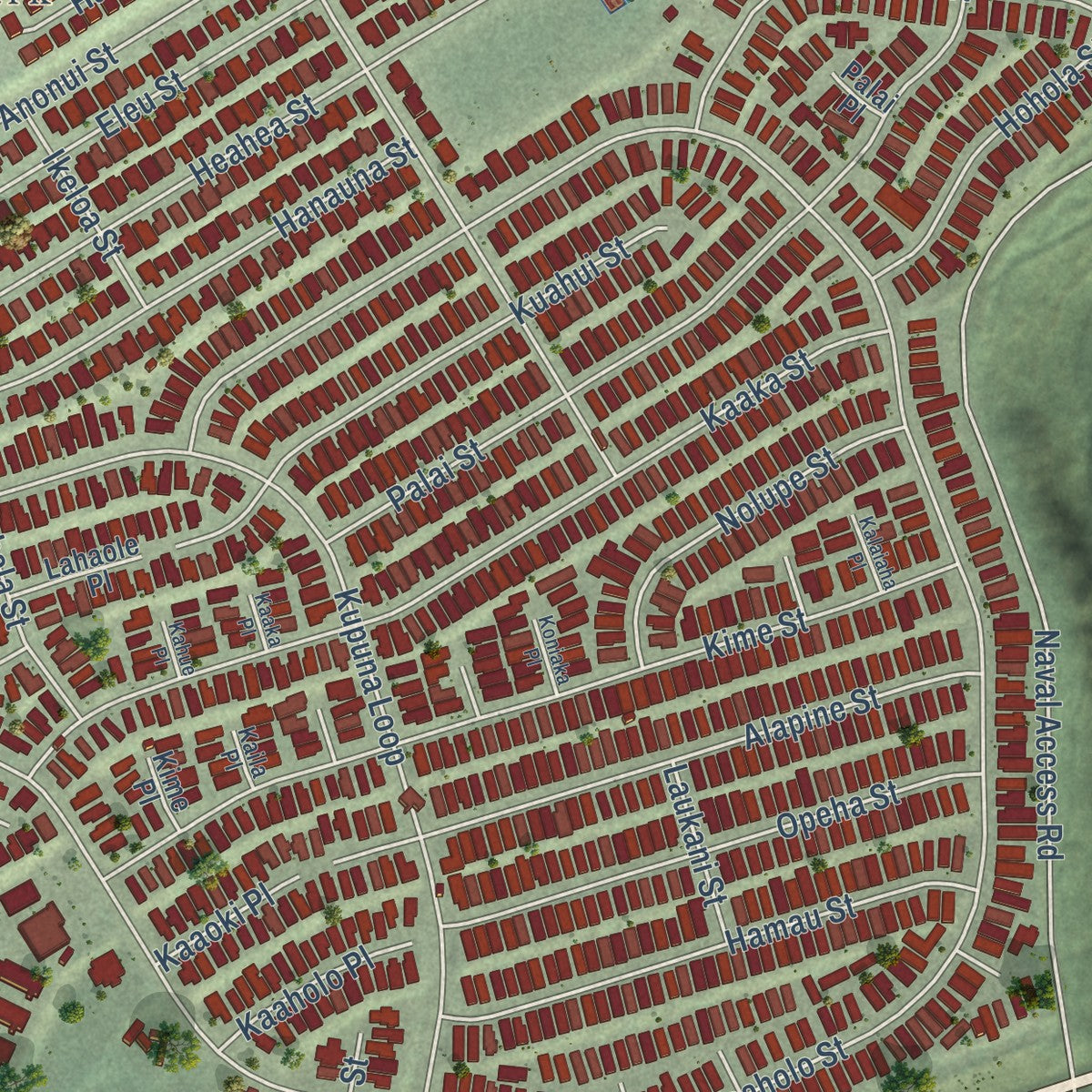 Close-up of the map of Royal Kunia, Hawaii print showing street and building detail