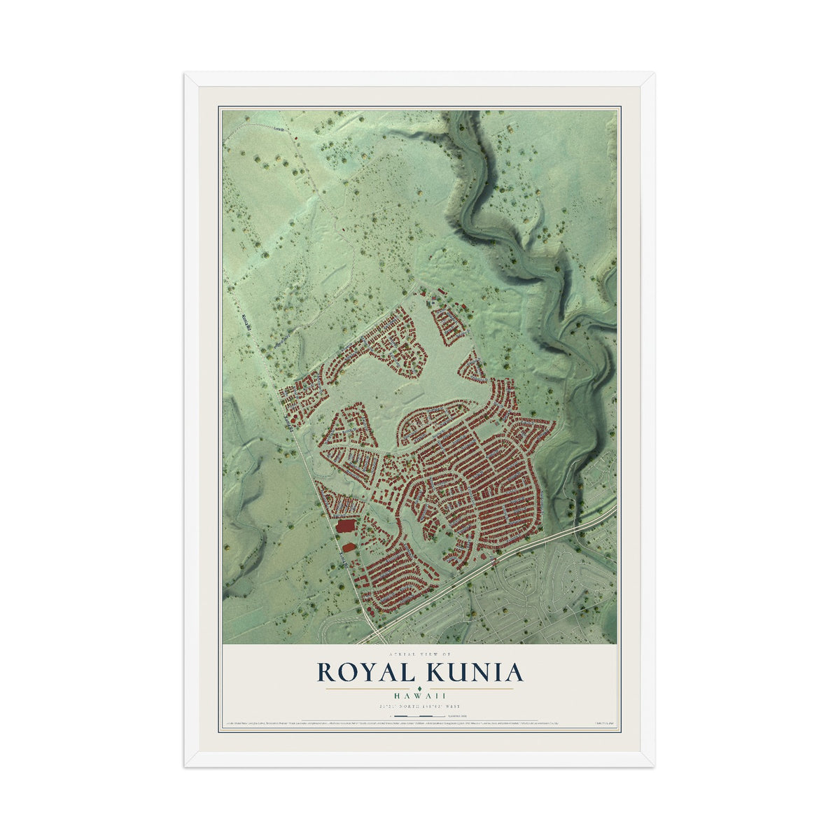 Map of Royal Kunia, Hawaii, 12 x 18 inch print in a white wood frame