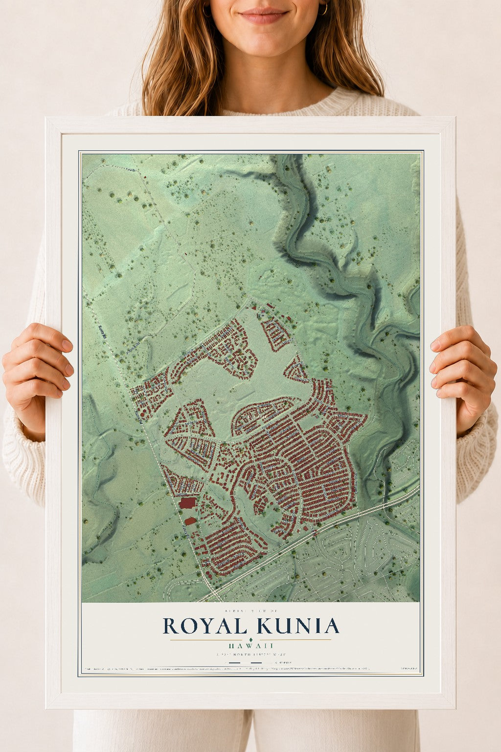 Map of Royal Kunia, Hawaii, 18 x 24 inch print in a white wood frame