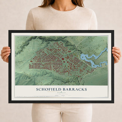 Map of Schofield Barracks, Hawaii, 12 x 18 inch print in a black wood frame
