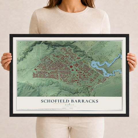 Map of Schofield Barracks, Hawaii, 12 x 18 inch print in a black wood frame