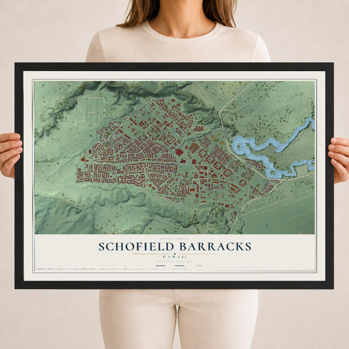 Map of Schofield Barracks, Hawaii, 18 x 24 inch print in a black wood frame