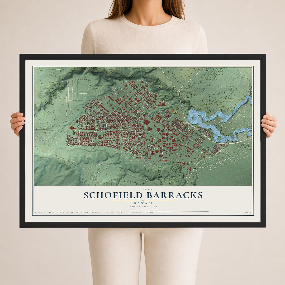 Map of Schofield Barracks, Hawaii, 24 x 36 inch print in a black wood frame
