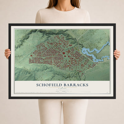 Map of Schofield Barracks, Hawaii, 24 x 36 inch print in a black wood frame