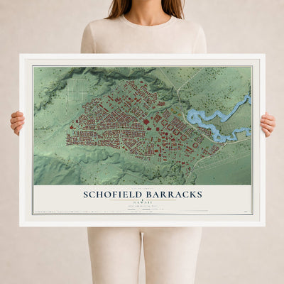 Map of Schofield Barracks, Hawaii, 24 x 36 inch print in a white wood frame