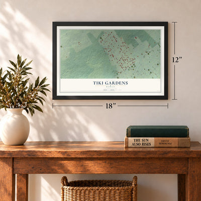 Tiki Gardens, Hawaii map, 12 x 18 inch print in a black frame in an entryway