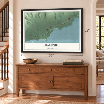 Ualapue, Hawaii map, 24 x 36 inch print in a black frame above a dresser by a staircase