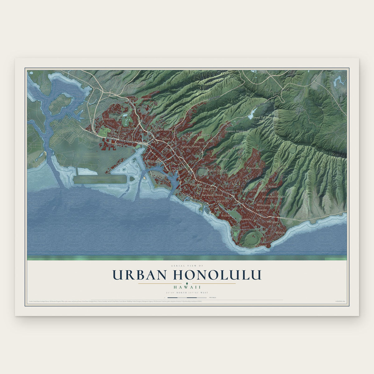 Urban Honolulu, Hawaii map print, the full design