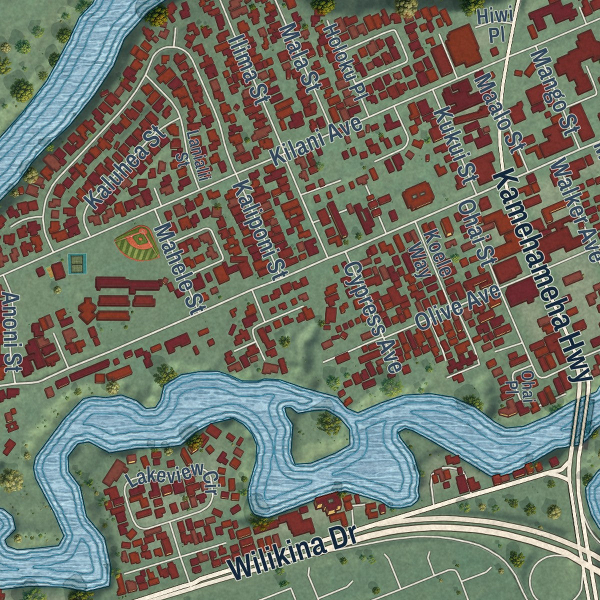 Second close-up of the map of Wahiawa, Hawaii print showing more streets and buildings