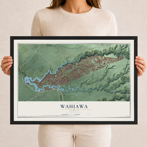 Map of Wahiawa, Hawaii, 12 x 18 inch print in a black wood frame