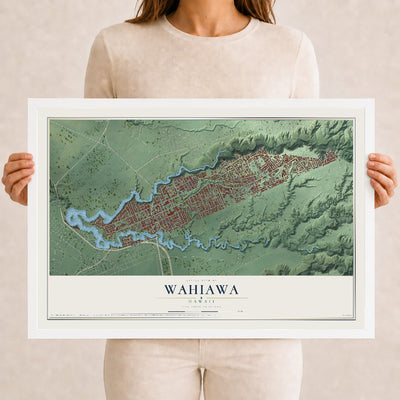 Map of Wahiawa, Hawaii, 12 x 18 inch print in a white wood frame
