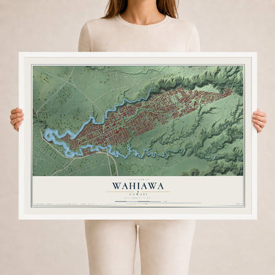 Map of Wahiawa, Hawaii, 24 x 36 inch print in a white wood frame