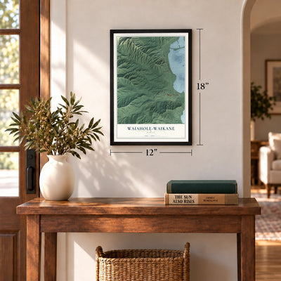 Waiahole-Waikane, Hawaii map, 12 x 18 inch print in a black frame in an entryway