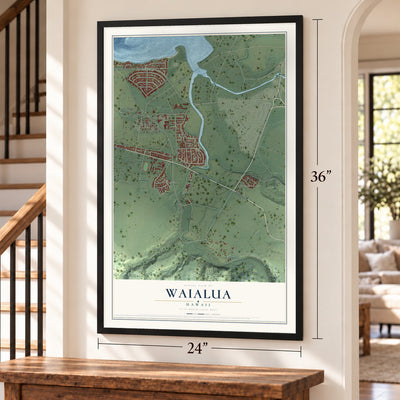Waialua, Hawaii map, 24 x 36 inch print in a black frame by a staircase