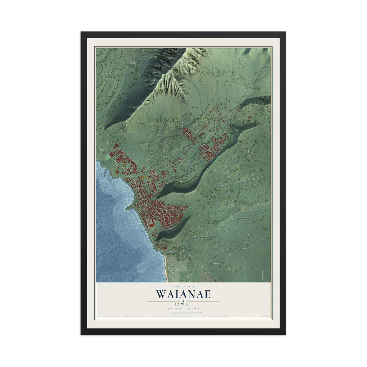 Map of Waianae, Hawaii, 12 x 18 inch print in a black wood frame
