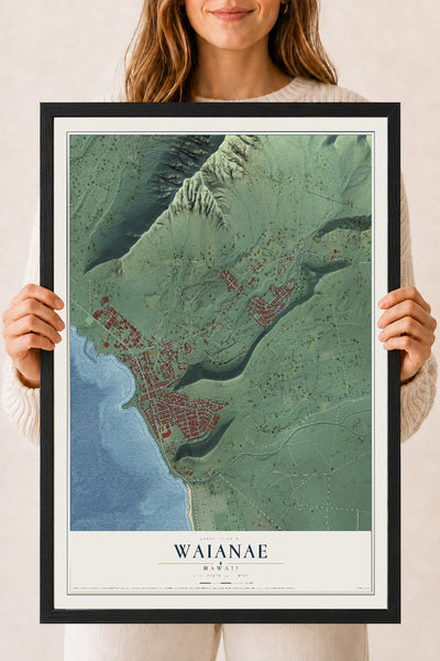 Map of Waianae, Hawaii, 18 x 24 inch print in a black wood frame