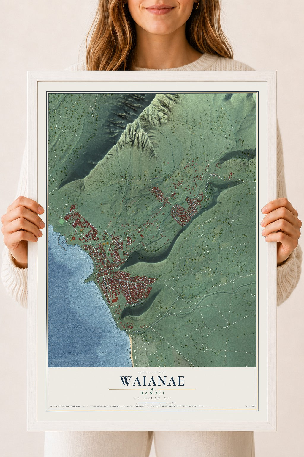 Map of Waianae, Hawaii, 18 x 24 inch print in a white wood frame