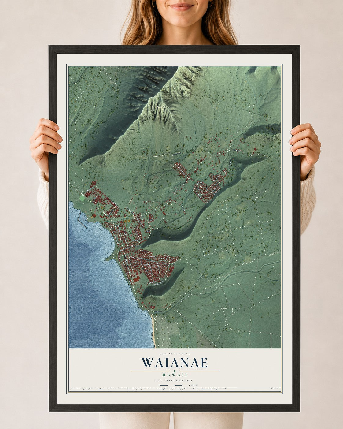 Map of Waianae, Hawaii, 24 x 36 inch print in a black wood frame