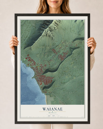 Map of Waianae, Hawaii, 24 x 36 inch print in a black wood frame