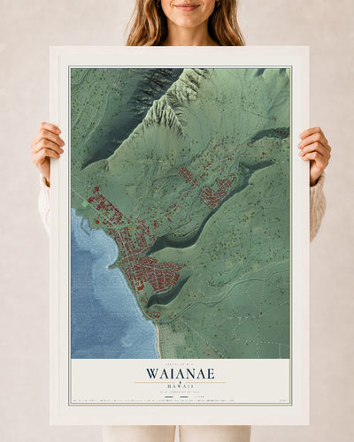 Map of Waianae, Hawaii, 24 x 36 inch print in a white wood frame