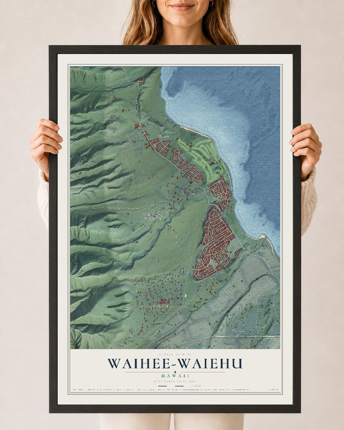 Map of Waihee-Waiehu, Hawaii, 24 x 36 inch print in a black wood frame