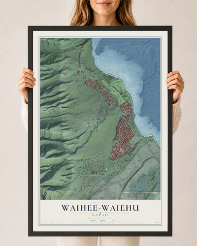 Map of Waihee-Waiehu, Hawaii, 24 x 36 inch print in a black wood frame