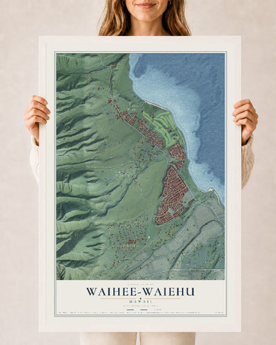 Map of Waihee-Waiehu, Hawaii, 24 x 36 inch print in a white wood frame