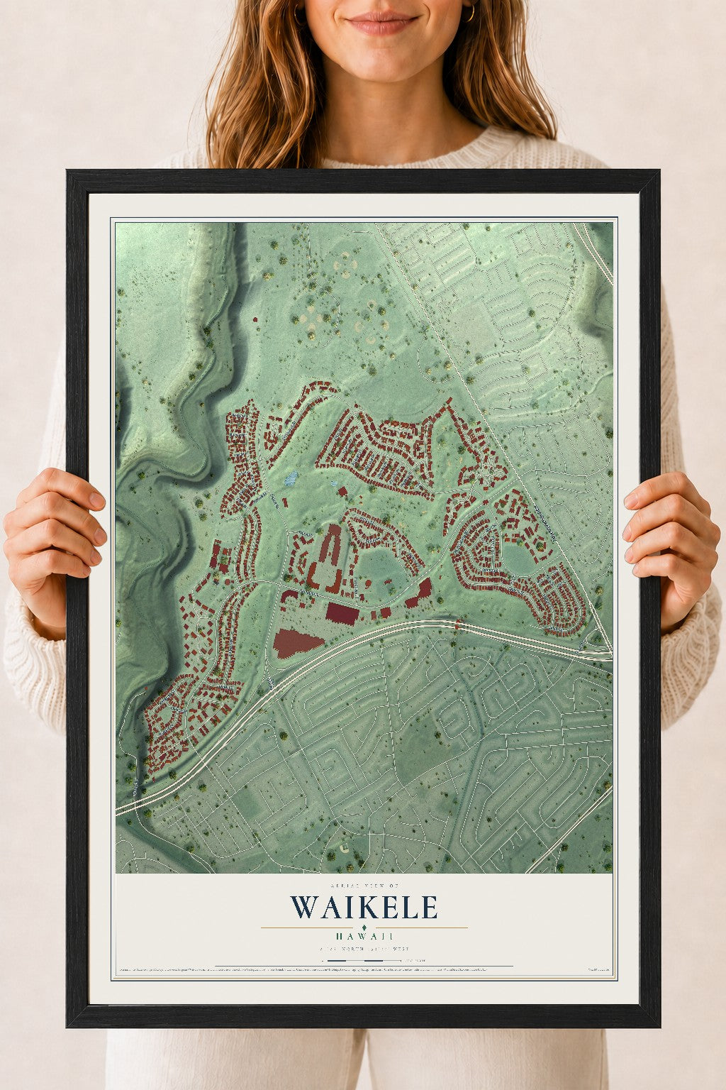 Map of Waikele, Hawaii, 18 x 24 inch print in a black wood frame