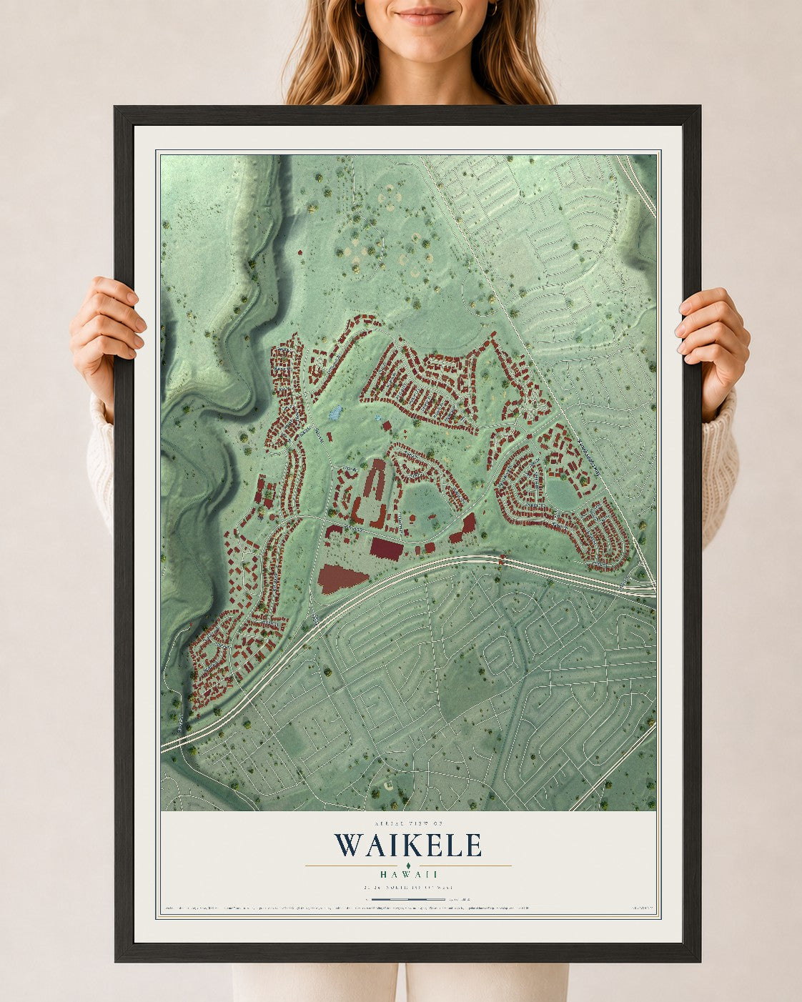Map of Waikele, Hawaii, 24 x 36 inch print in a black wood frame