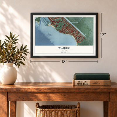Waikiki, Hawaii map, 12 x 18 inch print in a black frame in an entryway