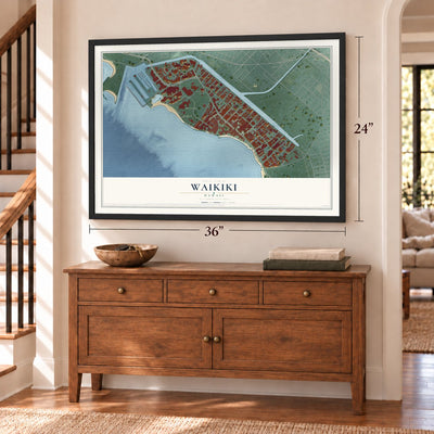 Waikiki, Hawaii map, 24 x 36 inch print in a black frame above a dresser by a staircase