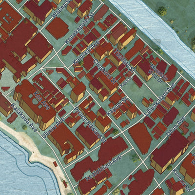 Close-up of the map of Waikiki, Hawaii print showing street and building detail