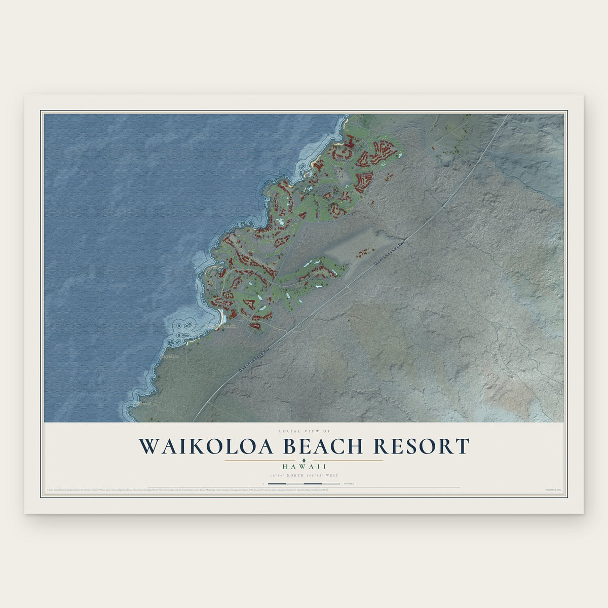 Waikoloa Beach Resort, Hawaii map print, the full design