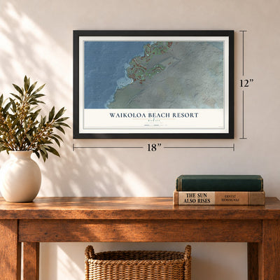Waikoloa Beach Resort, Hawaii map, 12 x 18 inch print in a black frame in an entryway