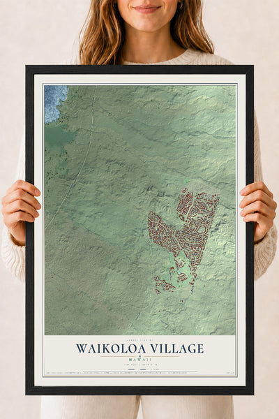 Map of Waikoloa Village, Hawaii, 18 x 24 inch print in a black wood frame