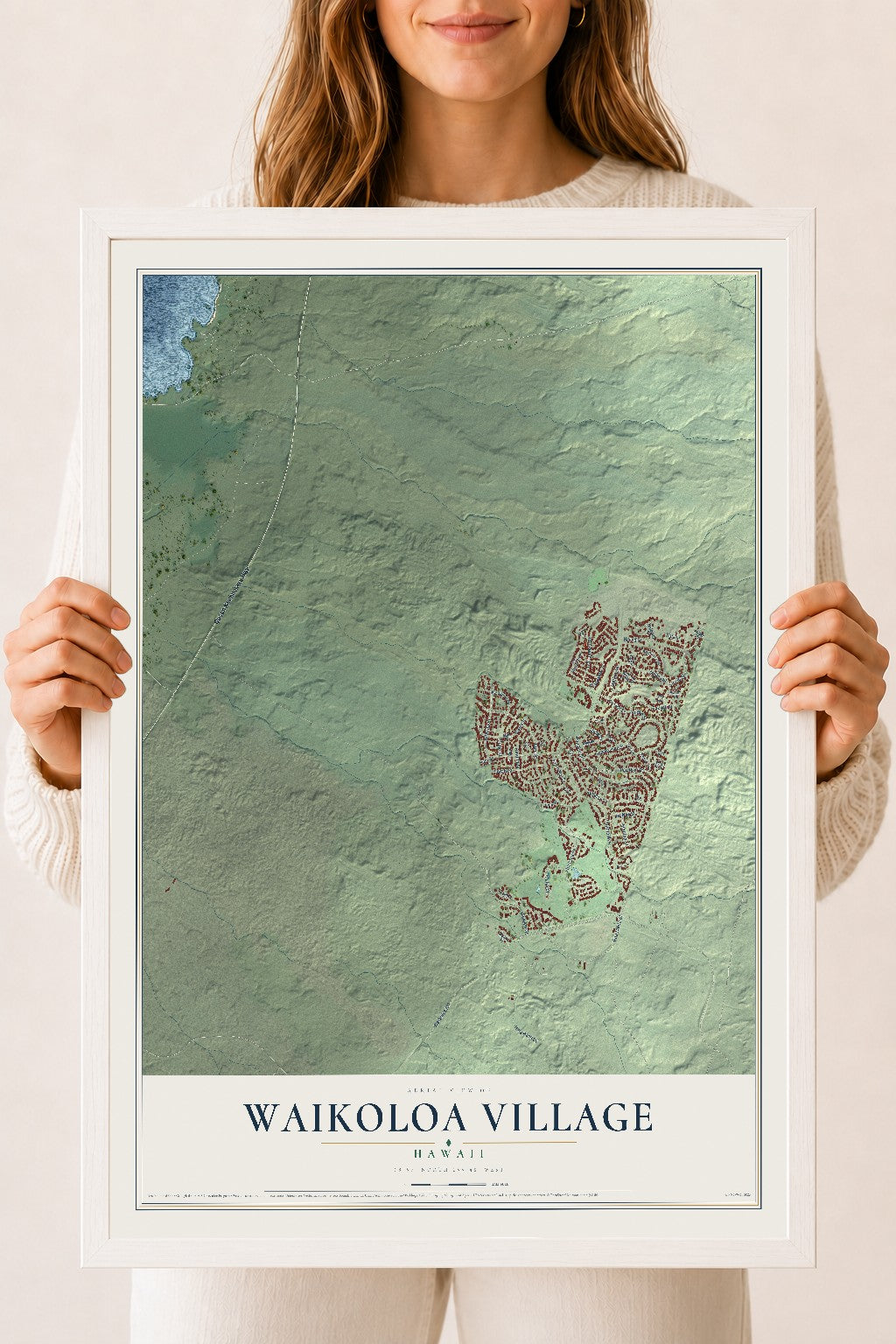 Map of Waikoloa Village, Hawaii, 18 x 24 inch print in a white wood frame