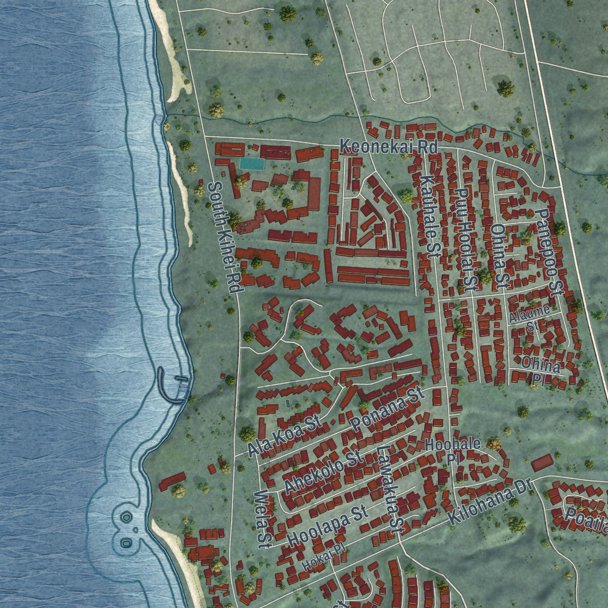 Second close-up of the map of Wailea, Hawaii print showing more streets and buildings