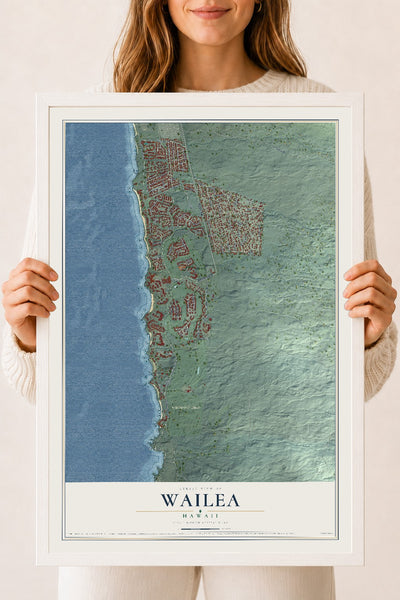 Map of Wailea, Hawaii, 18 x 24 inch print in a white wood frame
