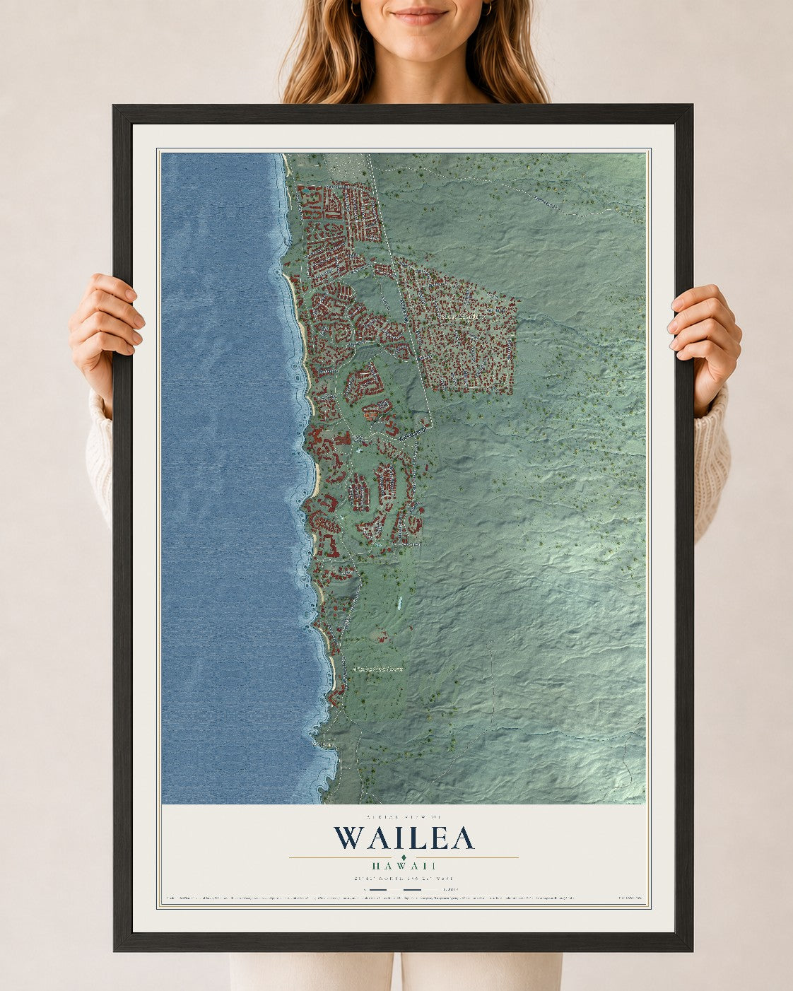 Map of Wailea, Hawaii, 24 x 36 inch print in a black wood frame