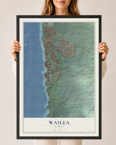Map of Wailea, Hawaii, 24 x 36 inch print in a black wood frame