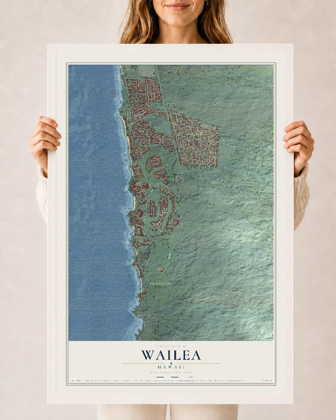 Map of Wailea, Hawaii, 24 x 36 inch print in a white wood frame