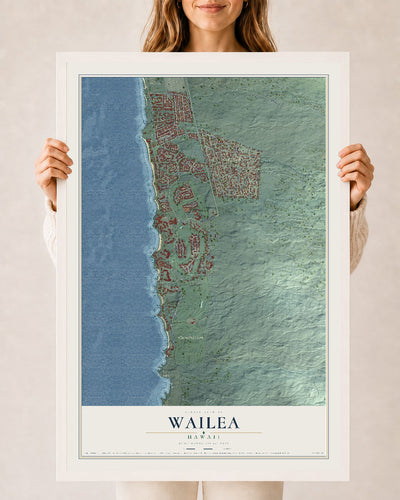 Map of Wailea, Hawaii, 24 x 36 inch print in a white wood frame