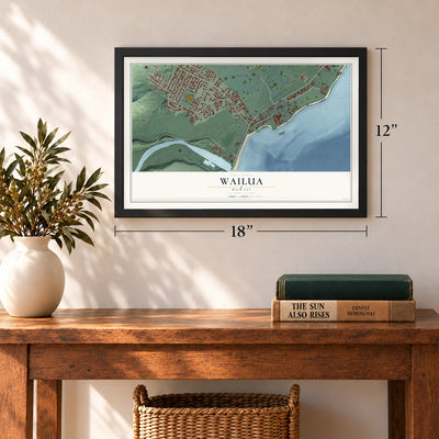 Wailua, Hawaii map, 12 x 18 inch print in a black frame in an entryway